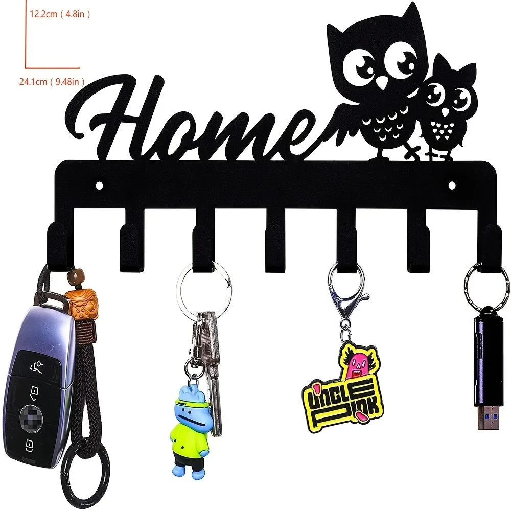 7 Hooks Black Metal Key Holder Hooks Owl Wall Hanger Decorations Multi-Purpose For Door Kitchen Corridor Foyer Bedroom