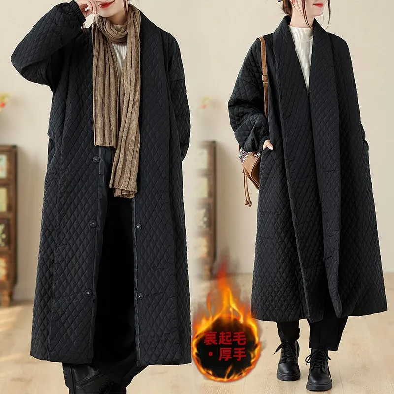 High-End Large Size Diamond Pattern Cotton Jacket Women's Winter Clothes Design Sense European Goods Loose Large Size Cotton ...