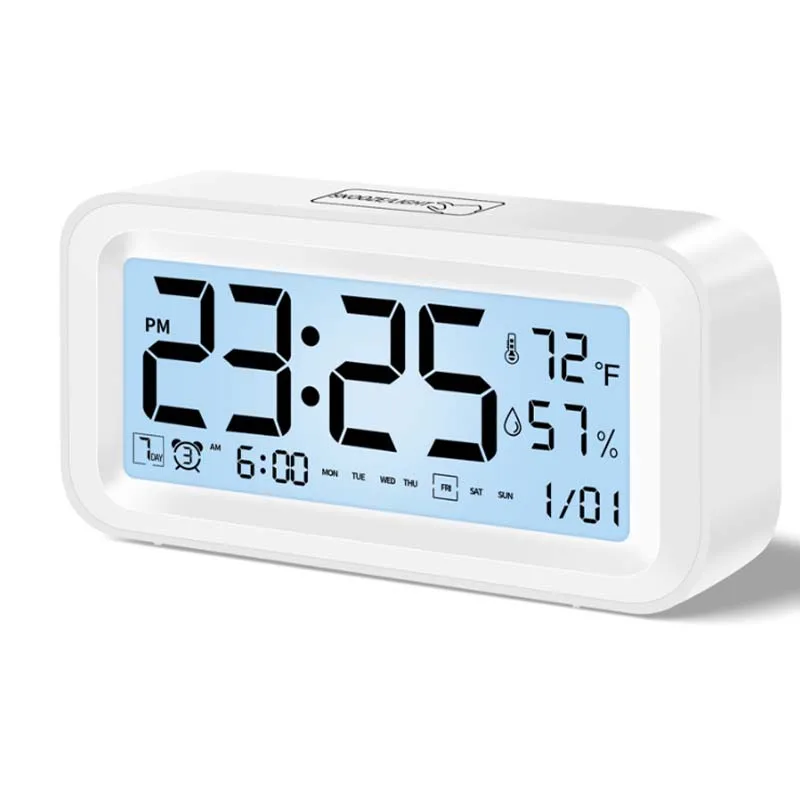 Digital LED Clock with Temp & Humidity Sensor, Adjustable Brightness, Dual Alarm Mode for Home Office