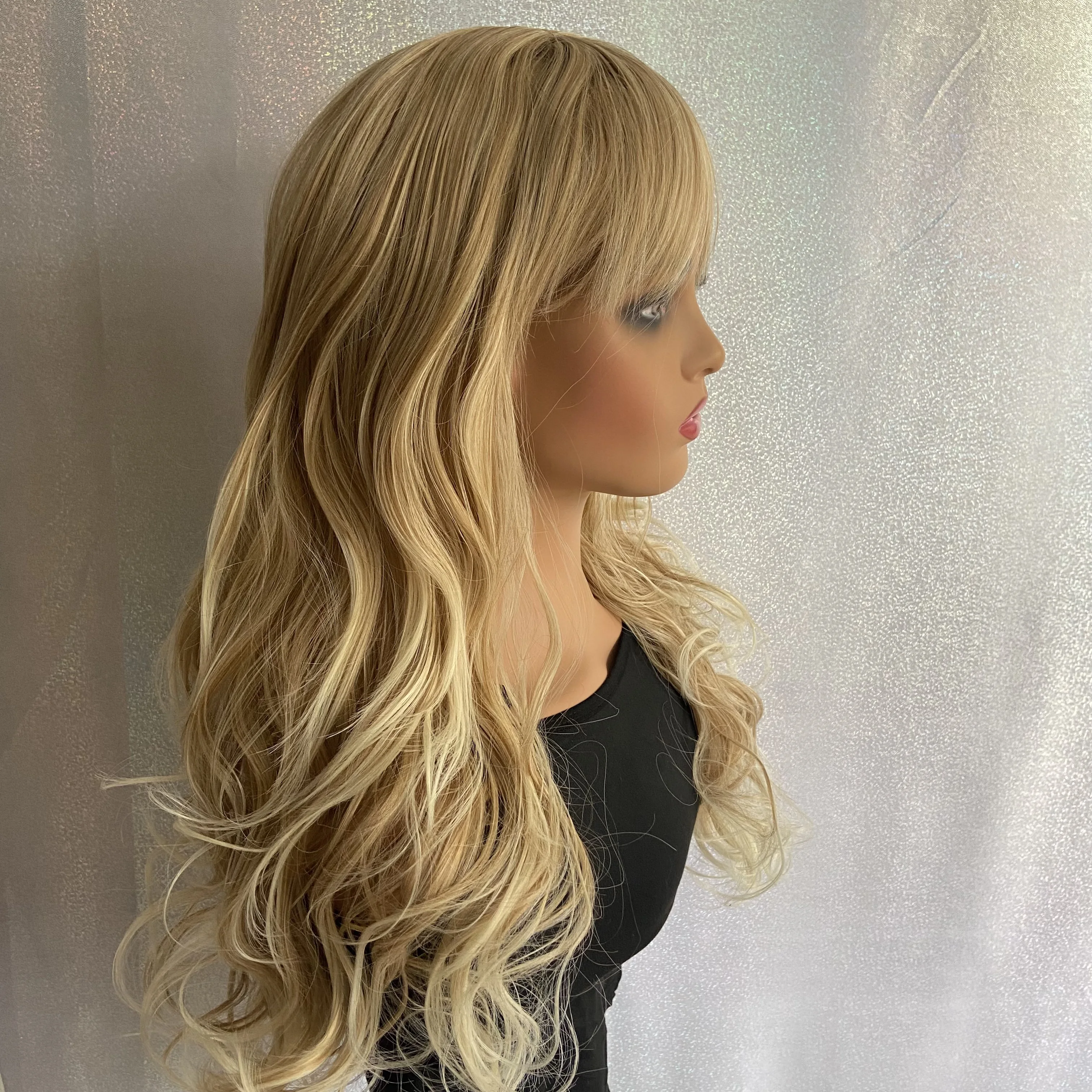 Fashiomag Long Wavy Blonde Mix Human Hair Blend Synthetic Heat Ok Wigs Women Soft Natural Daily Curly Wigs With Bangs