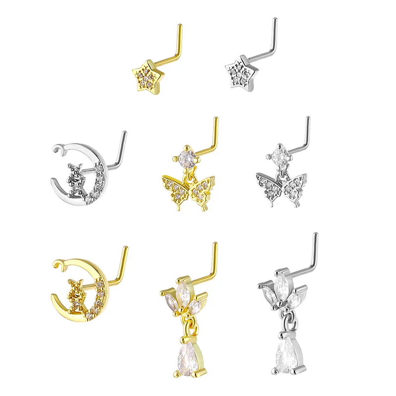1 Pc Peach Shape Heart Star Shiny Zircon Stainless Steel L-Shape Small Nose Ring Nose Studs Punk Nose Piercing Jewelry