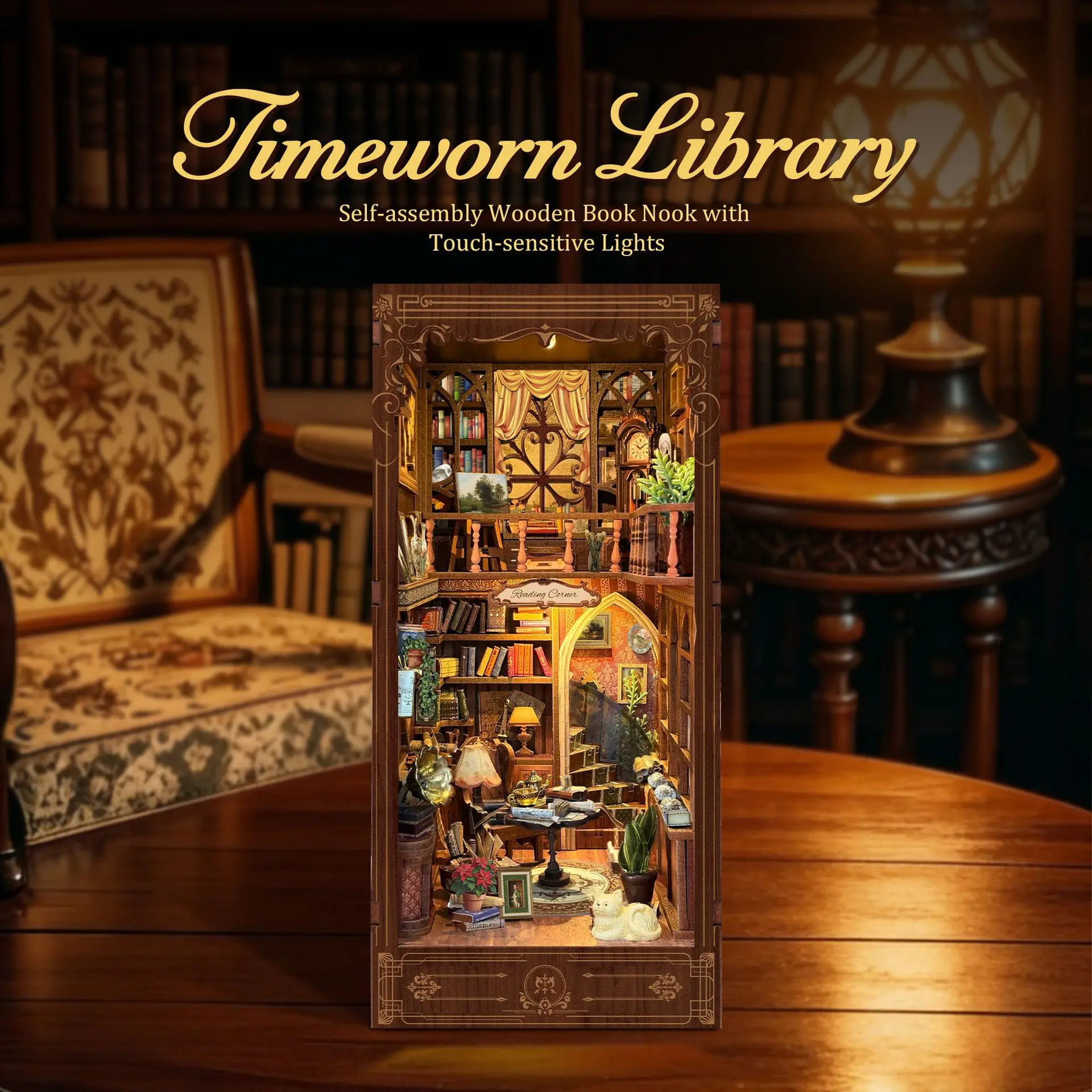 Timeworn Library DIY Book Nook Kit, 3D Wooden Bookshelf Insert with LED Light, Vintage Bookstore Miniature Decor