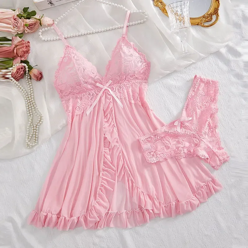 Tule ultra sexy camisola com decote em v sutiã aberto saia de sono noite vestido erótico mulher pura pijamas lingerie tangas kit luxo