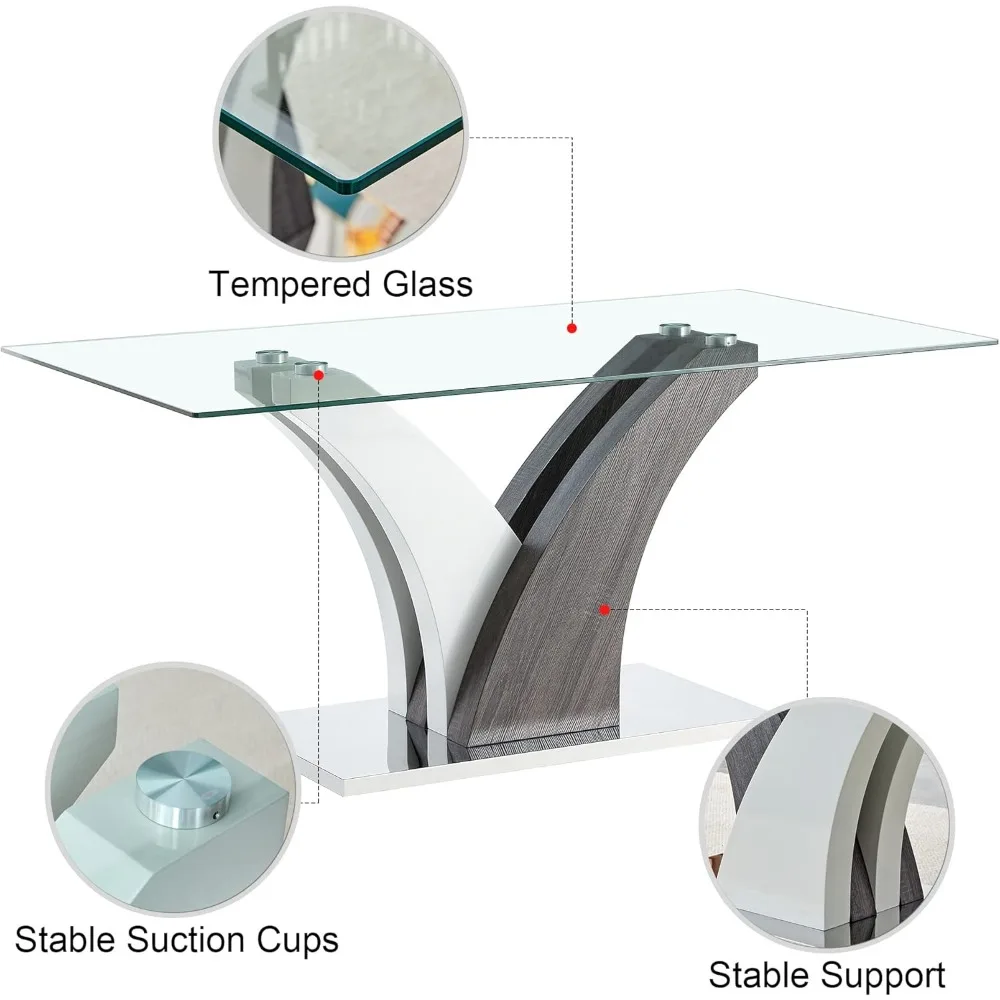 Mesa de comedor de cristal con 4 sillas de cuero, muebles de sala de estar, encimeras de vidrio templado, 63"