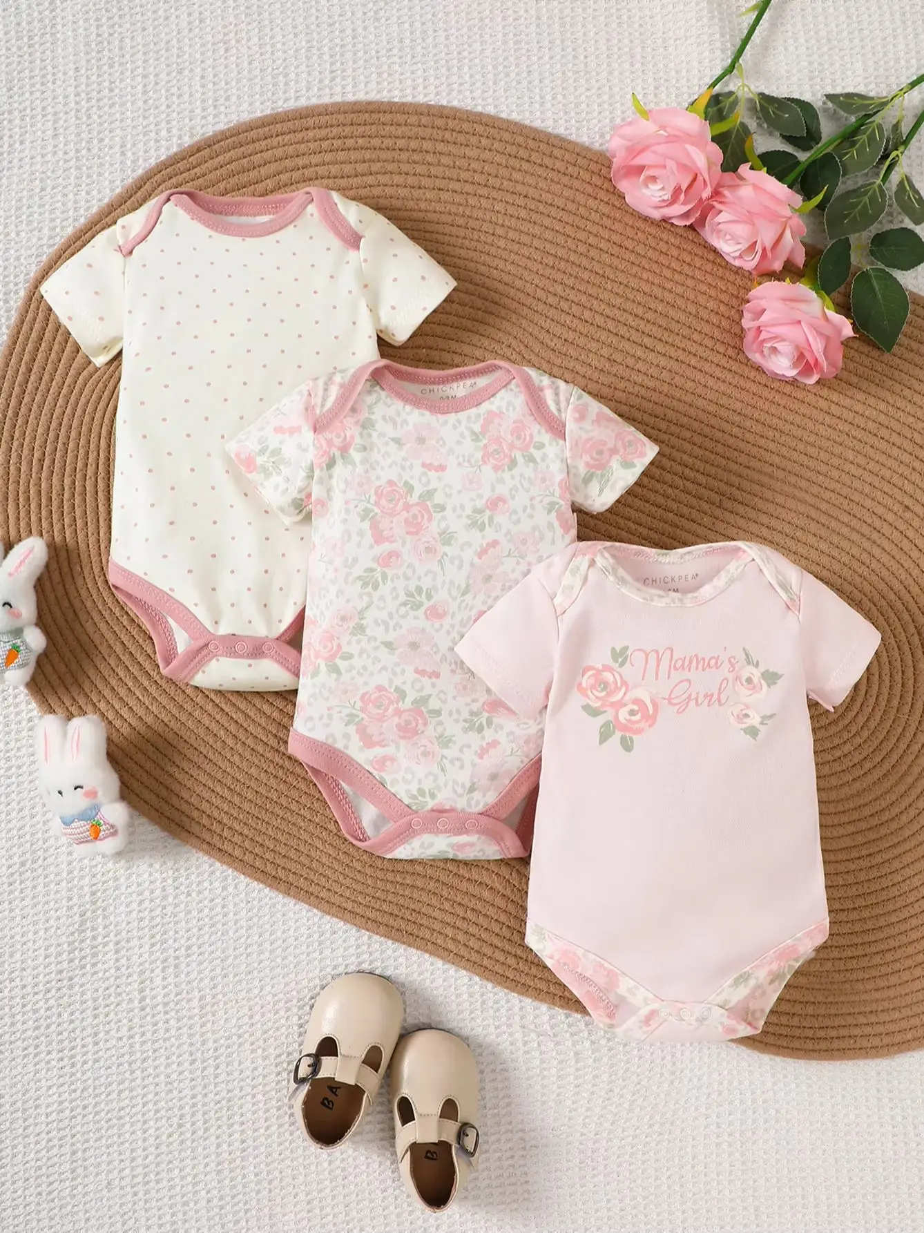 3-teiliges Set Neugeborenen-Baby-Mädchen-Body aus reiner Baumwolle, Kurzarm, Rosenmuster, Polka Dots, Mama's Girl Schriftzug, Sommer-Babykleidung – Detail 1