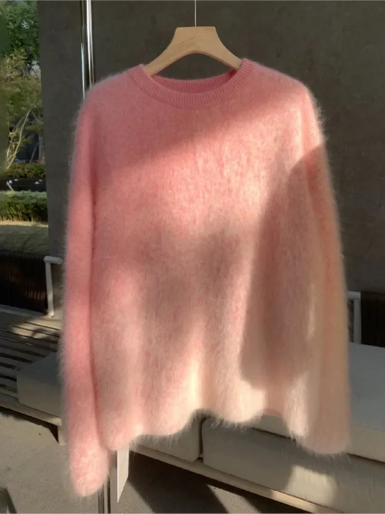 

Fashion Tie-dyeing Gradient Pink Pullover Sweater Women Loose O Neck Long Sleeve Knitwear Autumn New Elegant Lady Mohair Tops