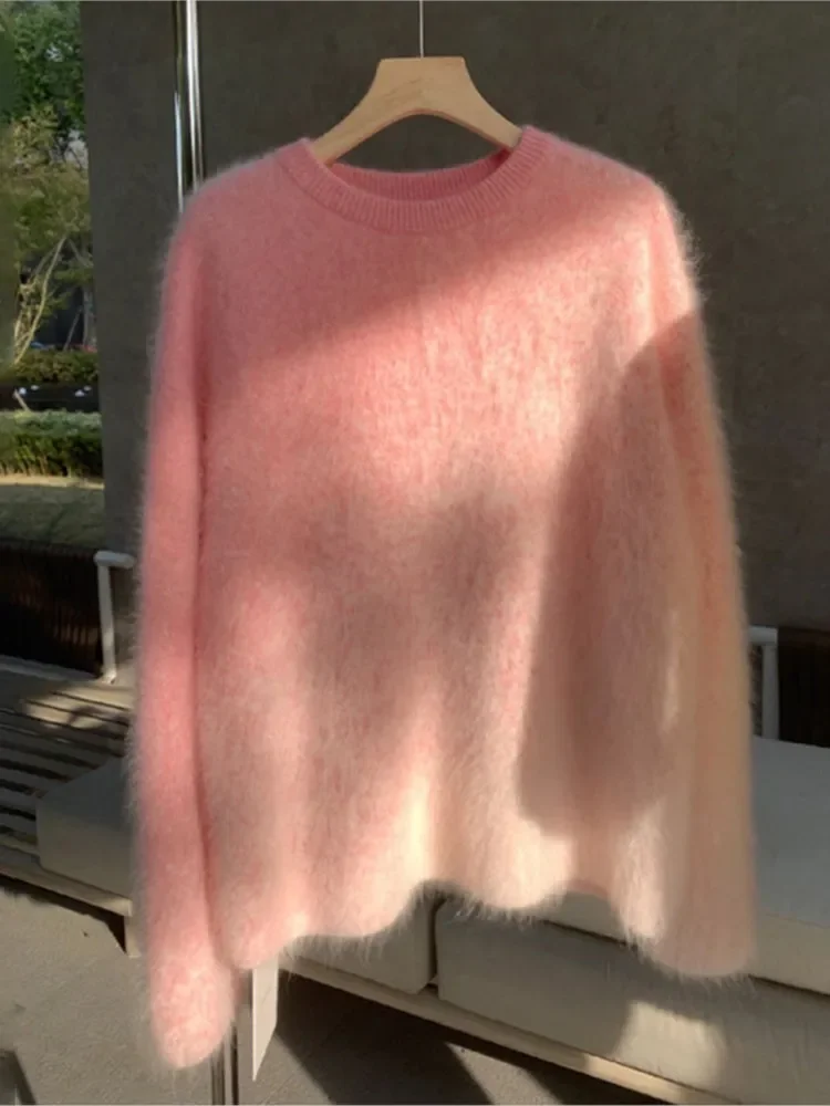 Fashion Tie-dyeing Gradient Pink Pullover Sweater Women Loose O Neck Long Sleeve Knitwear Autumn New Elegant Lady Mohair Tops