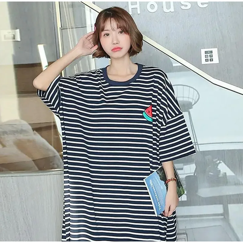 

Summer Pajama Dress Female Short-sleeved Cartoon Homewear Lengthened Plus Size Striped Student Pajamas Easy To Wash Long Clothes