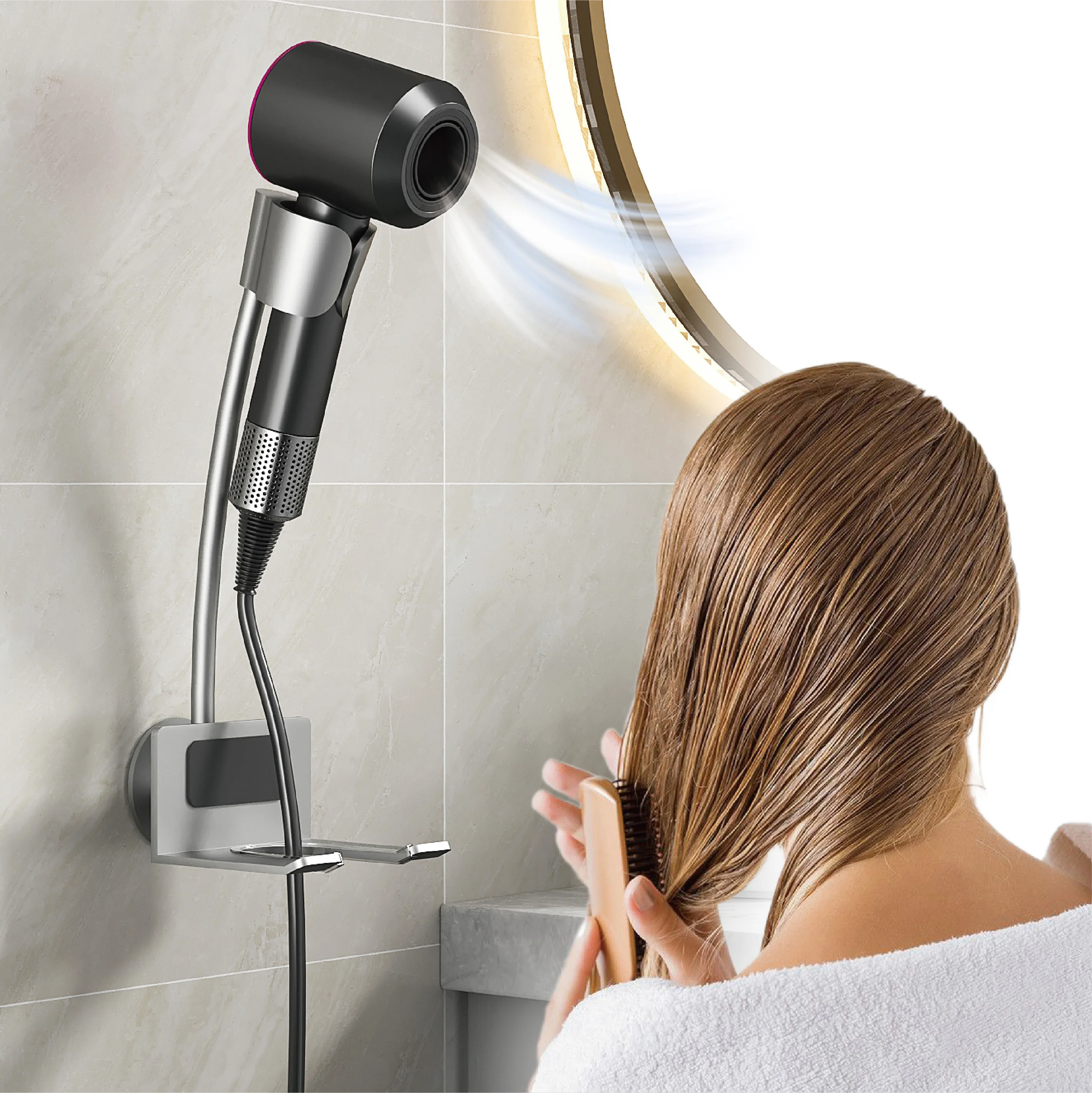 Wall Mounted Hair Dryer Holder Aluminum Alloy Airwrap Stand with Glue Adjustable Hands-Free Blow Dryer Holder for Convenience