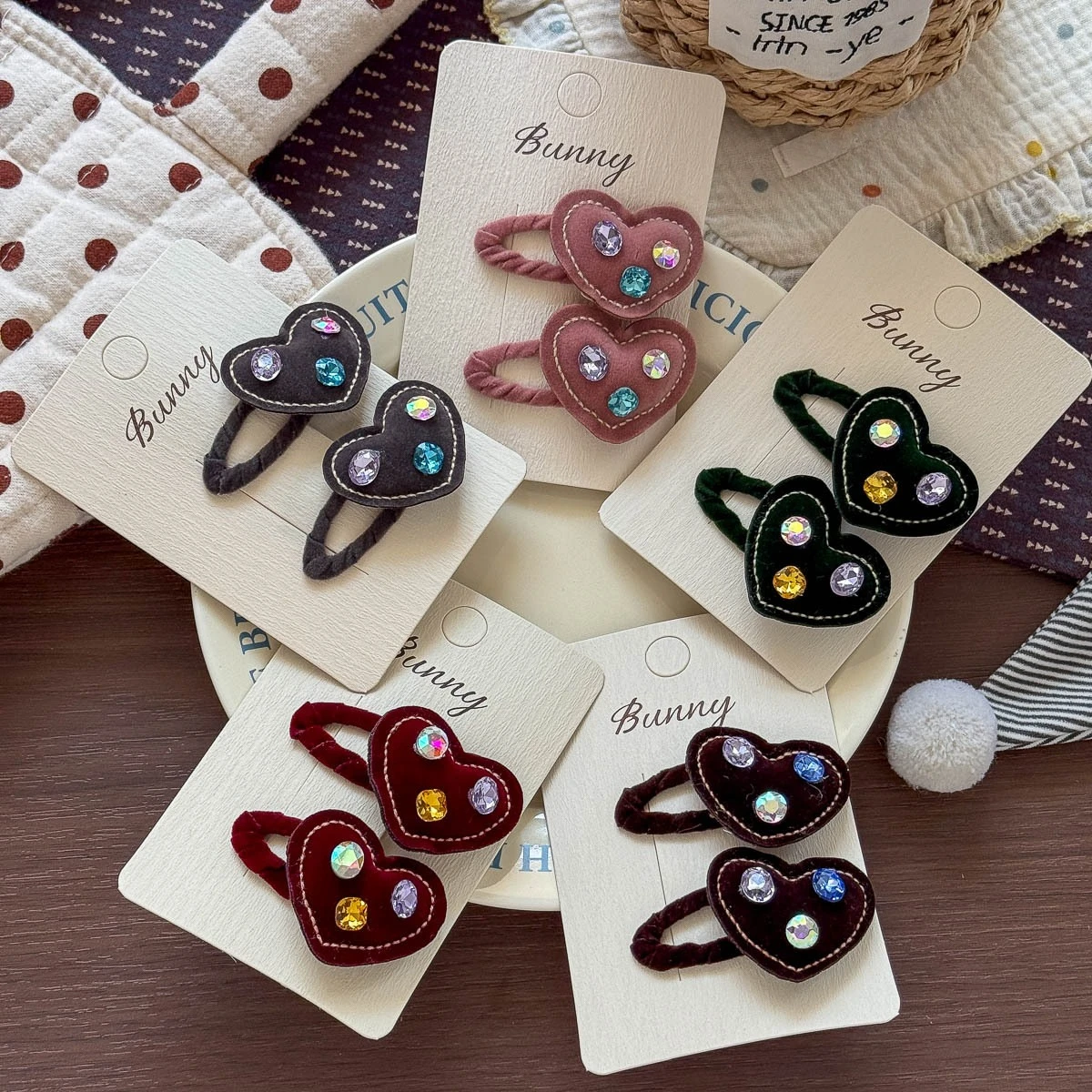 Autumn Vintage Velvet Colored Diamond Heart-shaped Hair Clip Baby Girls Headband Hairpins Bangs Side Clip Hair Accessories