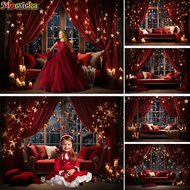 

Indoor Christmas Window Background For Child Adult Portrait Holiday Party Photography Glitter Stars Red Curtains Pillow Decor