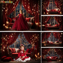 Indoor Christmas Window Background For Child Adult Portrait Holiday Party Photography Glitter Stars Red Curtains Pillow Decor