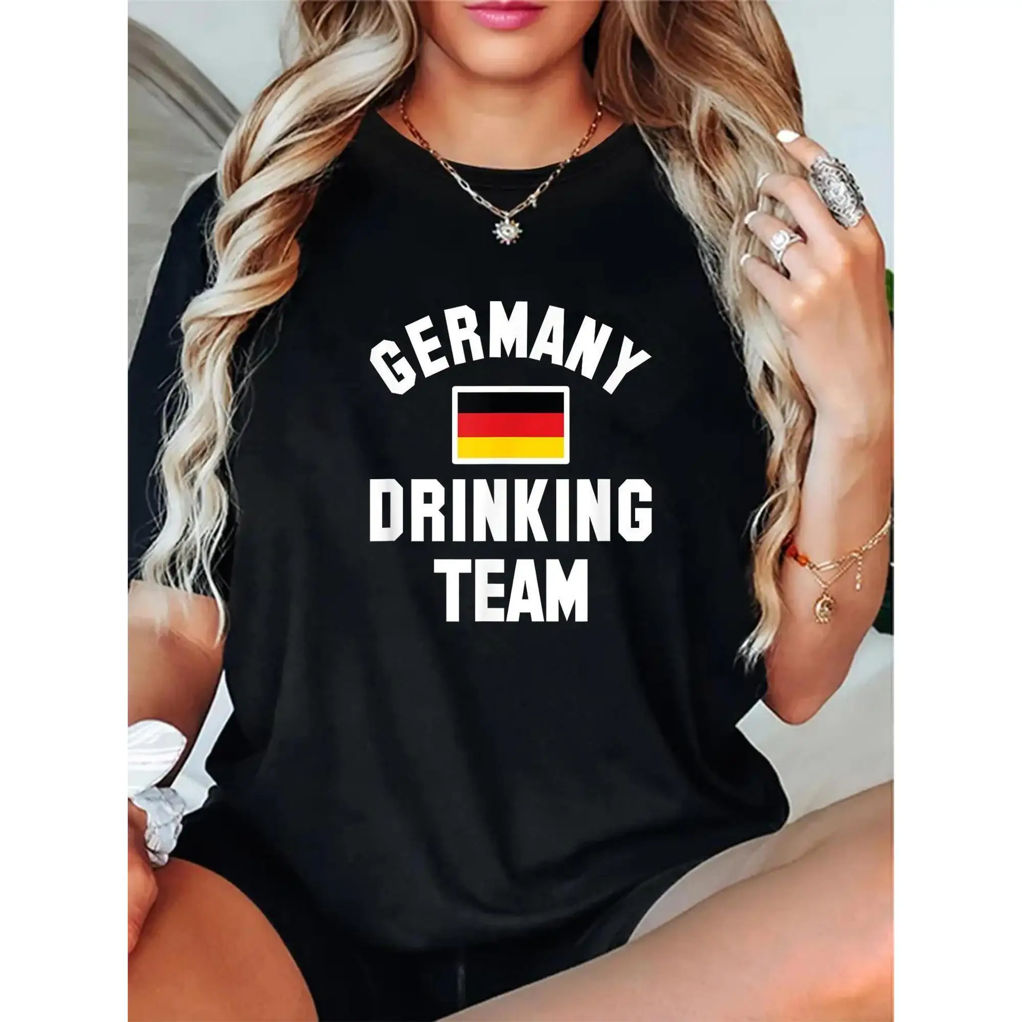 

Women'S "Germany Drinking Team" Graphic T-Shirt - Casual Black Short Sleeve Tee With German Flag Design, Perfect For Beer Festiv