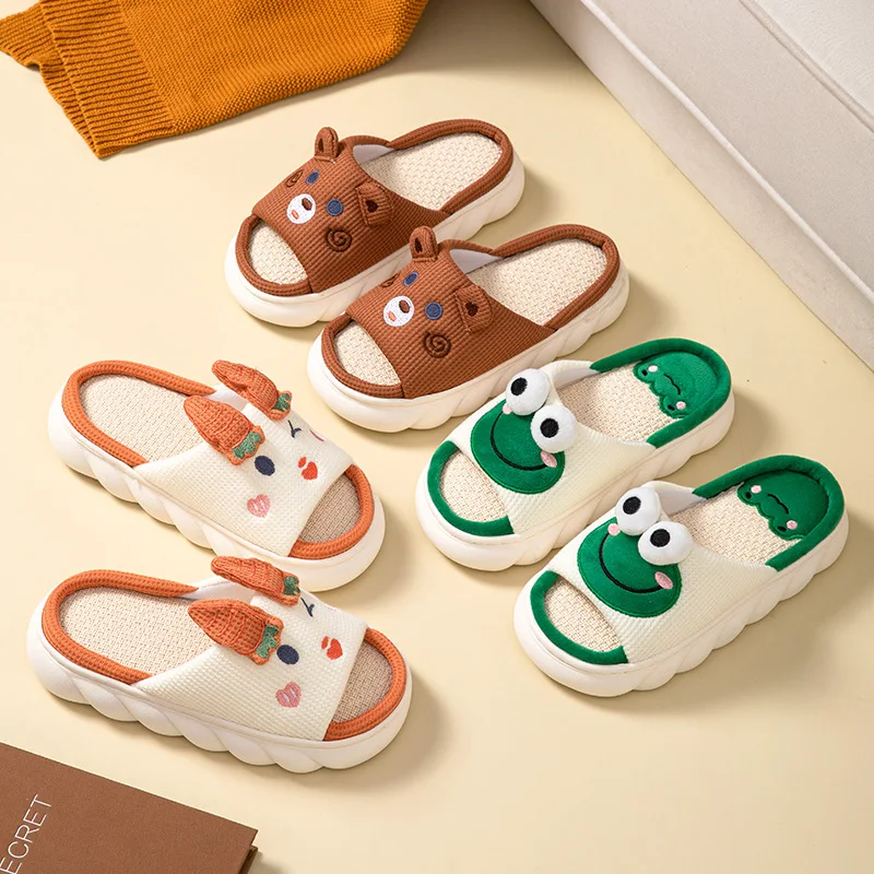 Women Lovely Frog Linen Slippers Shoes Couples Non Slip Thick Soled Spring Summer Cotton Linen Cool Slippers Home Slippers Slide