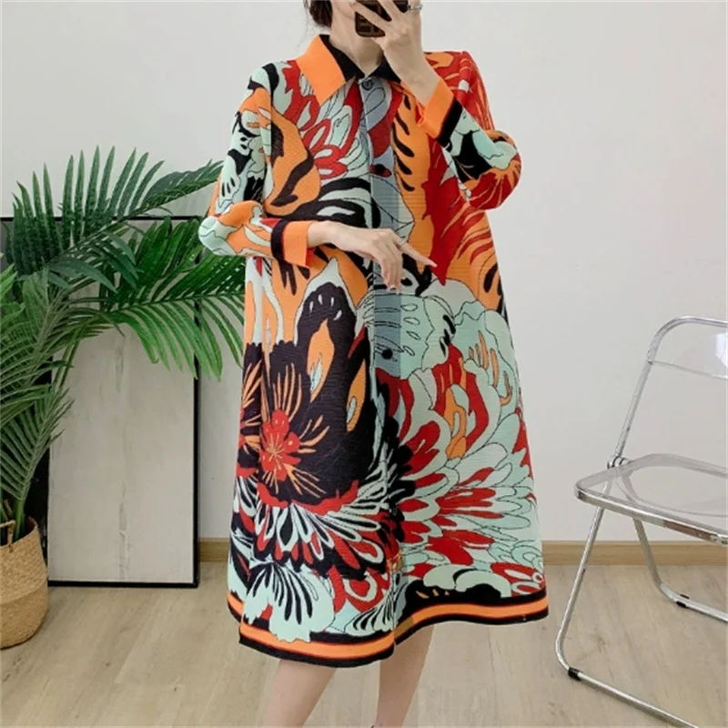 ミヤケプリーツドレープワンピース レディース 2024 春夏 カラーブロックプリント ラペル 七分袖 シングルブレスト ファッションシャツワンピース
