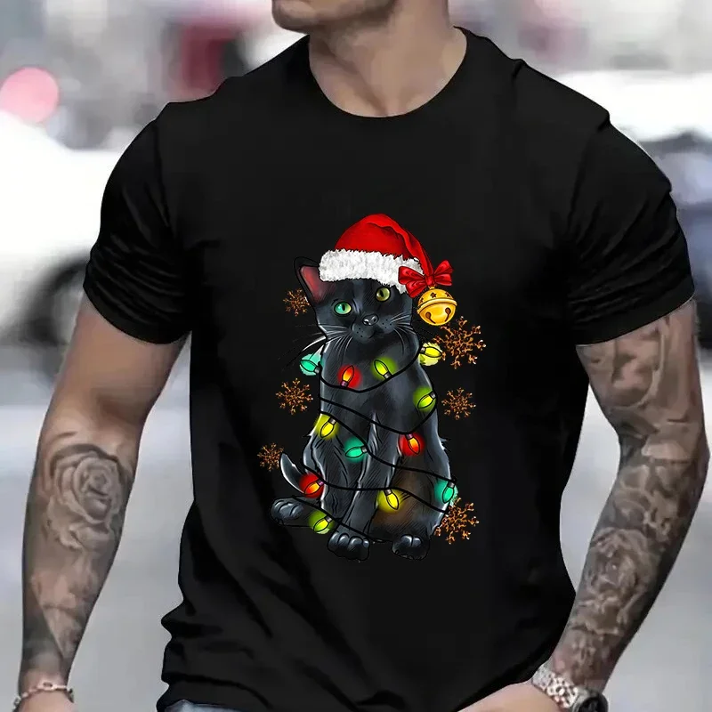 Fashion Christmas Lights Holiday T-shirt for Men Funny Cat Christmas Party Tops Harajuku Sweatshirt Oversized Clothing