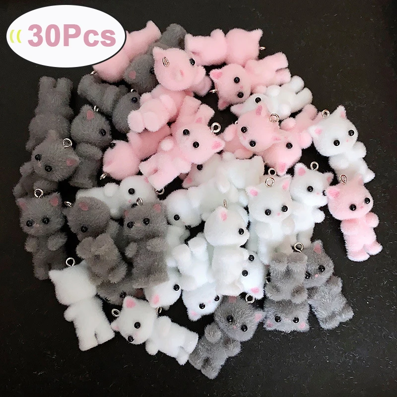 

30Pcs Kawaii Fluffy Flocking Cat Resin Charms Miniature 3D Animal Dolls Keychain Necklace Pendants for DIY Jewelry Crafts Making