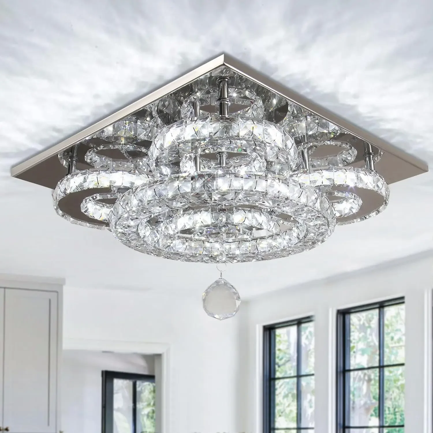 

Moderen Crystal Chandelier Five Rings LED Crystal Ceiling Light Flush Mount Stainless Steel Pendant Ceiling Lamp for Living Room