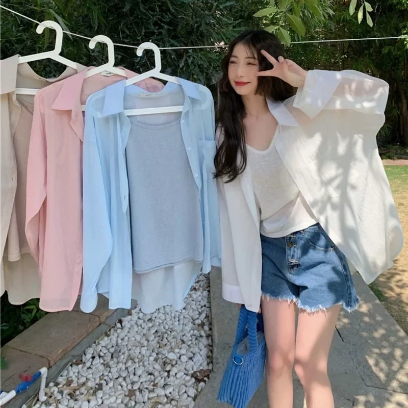 

Женская рубашка с тонкой драпировкой, солнцезащитная корейская модная уличная одежда, повседневная одежда, весна-лето, с длинным рукавом, шикарная, популярная, минималистичная, модная