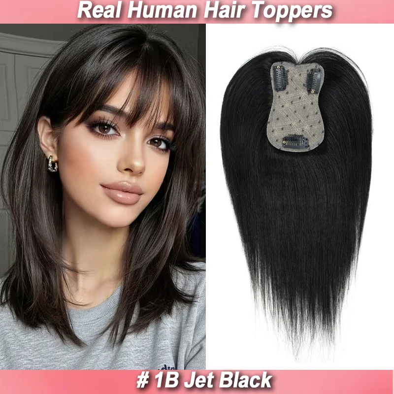 Women's Real Human Hair Toppers with Clip-In Bangs Skin Scalp Base Suitable for Thinning Hair 360° 3D Topper for Hair Loss Cover