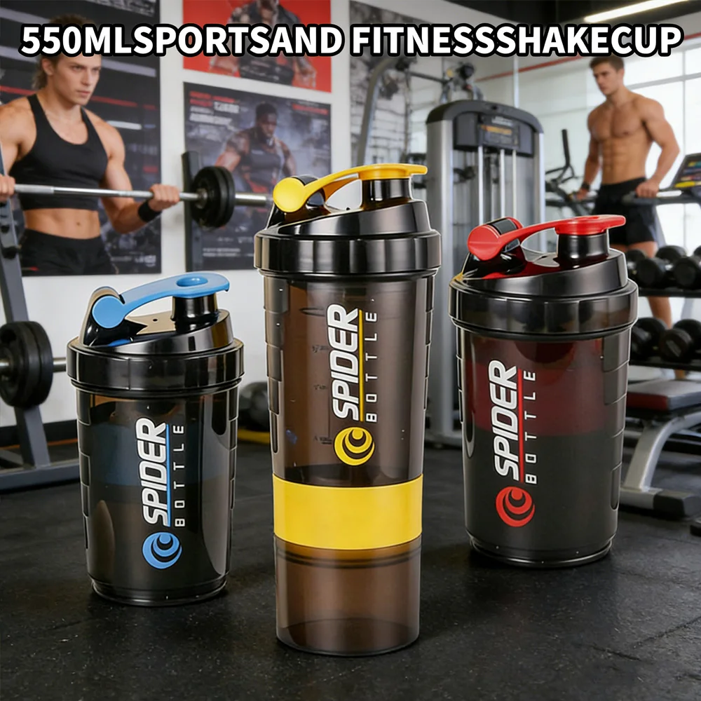 Garrafa de Shake de Proteína à Prova de Vazamentos de 550ml, Design de 3 Camadas, Shaker de Academia com Misturador em Espiral, Copo para Milkshake para Esportes ao Ar Livre