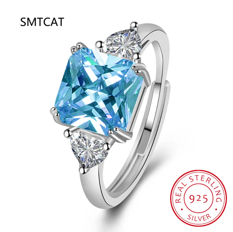 

1.9ct Square Natural Sky Blue Topaz 925 Sterling Silver 3 Stone Ring for Women Heart Gemstone Jewelry Wedding Gifts