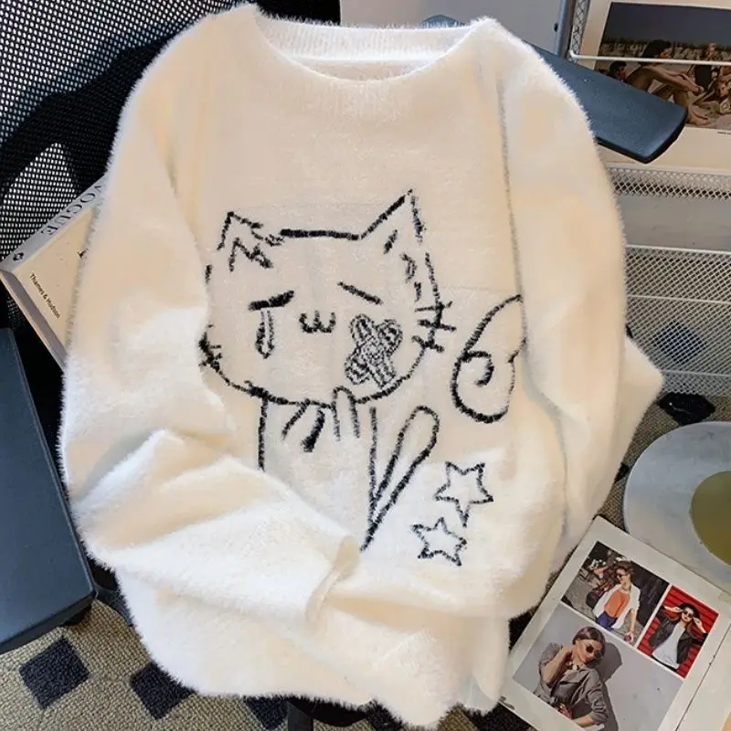 Korean Knitted Sweater White Puppy  Sweater Oversize Winter Loose Long-sleeved Pullover Sweet Streetwear Women's Clothes Y2k