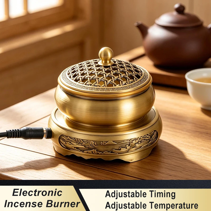 220V Electronic Incense Burner Brass Essential Oil Burner Timing Adjustable Temperature Sandalwood Agarwood Incense Burner