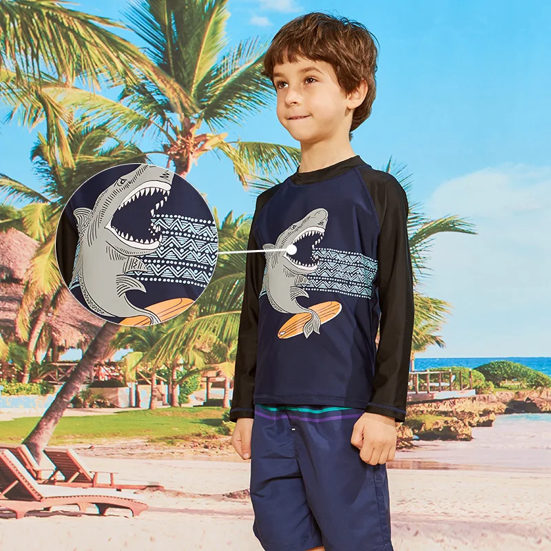 Summer Boys Long Sleeve Rashguard Kids Swim Suit UPF 50+ Sun Protection Shirts Boys Swimwear Navy Rash Guard Beach Wear