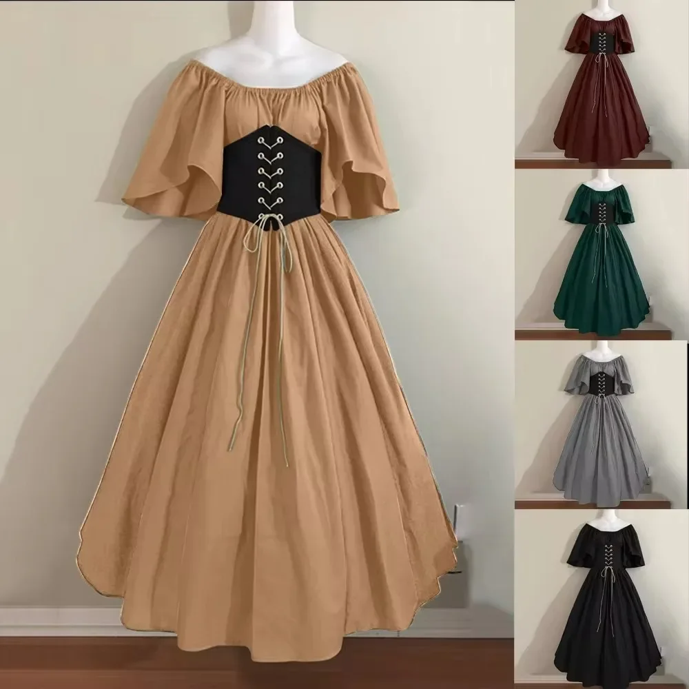 Women's dress with flying sleeves and large swing skirt Europe and America Medieval retro slim skirt. One-shoulder cos costume