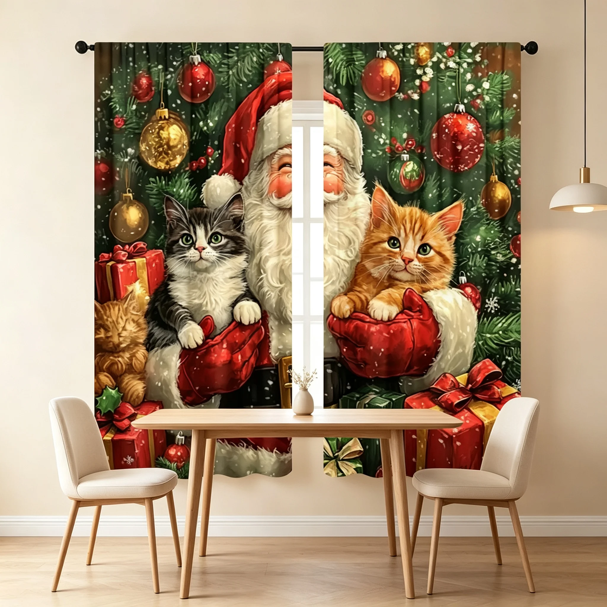 2PCS Christmas Curtains Santa Claus Holding Cat Kitten Xmas Tree Ball Gift Digital Print Drapes for Living Room Bedroom Decor