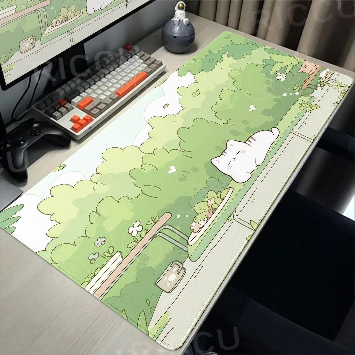 Lovely White Cat and Green Plants Office Mouse Pad Rubber Anti-slip Desk Mat Pc Accessories Gaming Mat Keypad Extended Mousepad