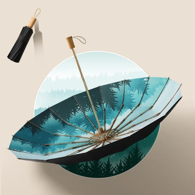 16-ribs-windproof-anti‑uv-three‑folding-chinese-classical-retro-parasol-wood-handle-outdoor-gift-umbrella-for-men-women