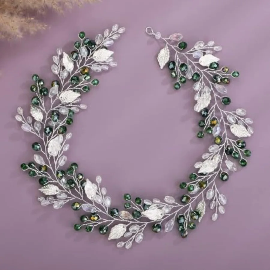 

Purple Crystals Silver Leaf Hair Vine for Wedding Brids Leaves Headband for Women Girls Vintage Banquet Events Handmade Jewelry