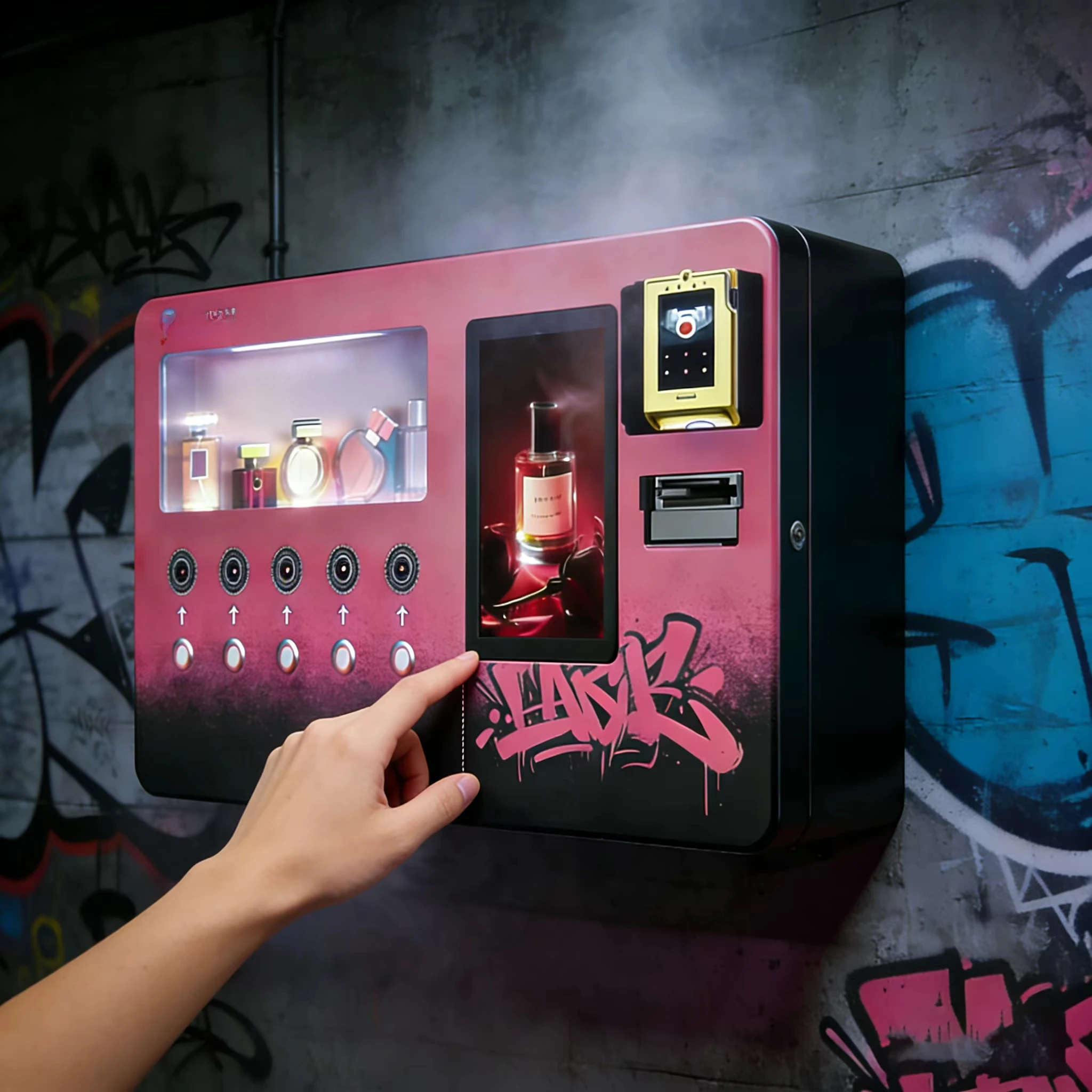 

Mini self-service perfume dispenser for nightclub bars, wall-mounted design