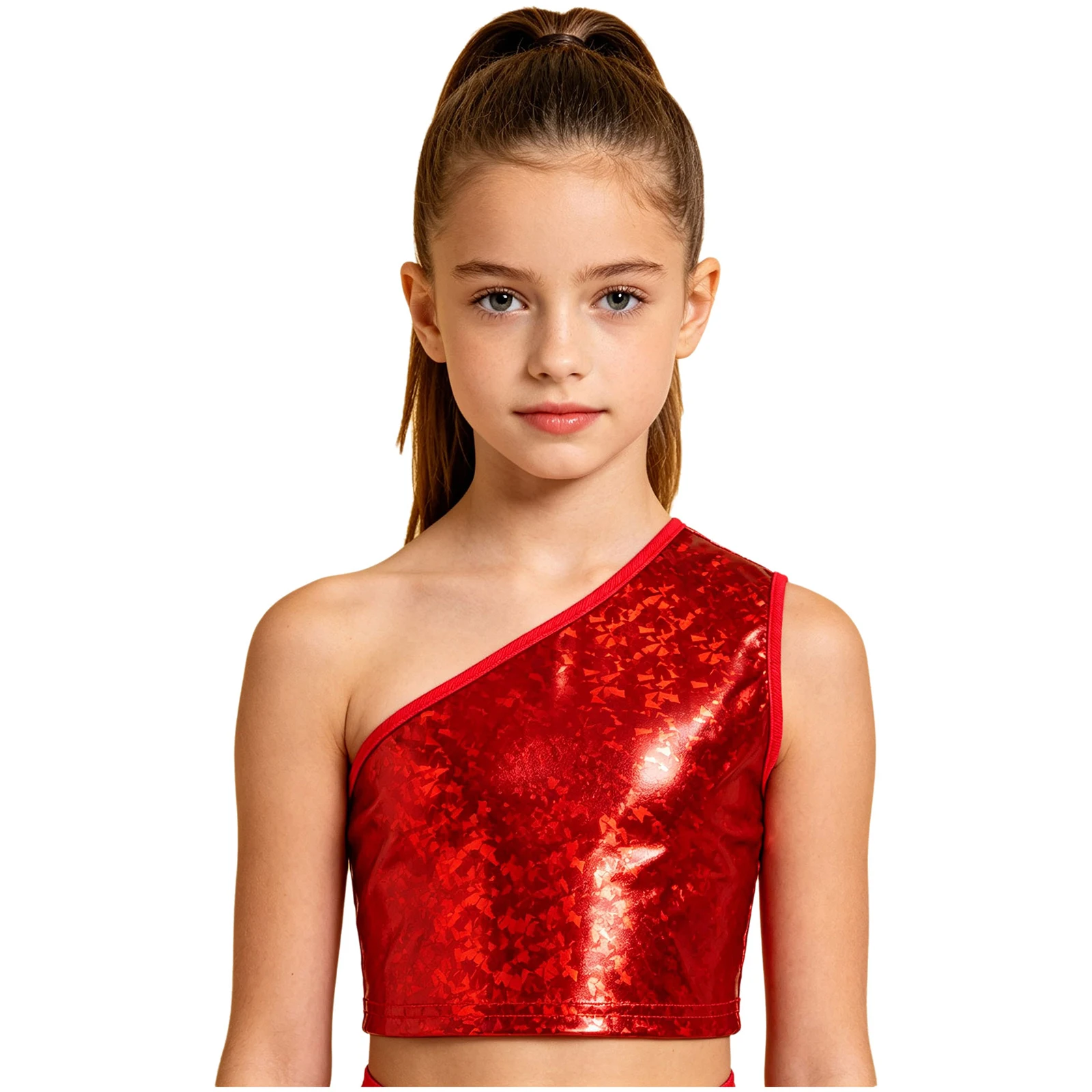 Kinder Jungen Ärmelloses Glänzendes Crop-Top Mädchen Hip-Hop Jazz-Tanz-Oberteil Einschultriges Metallic-Crop-Top Jazz-Tanz-Auftrittskostüm – Detail 30