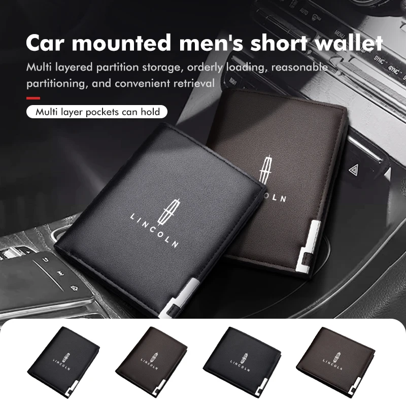 Skórzany samochód męski krótki portfel marki o dużej pojemności Bifold portfel dla Lincoln Aviator Navigator Continental Nautilus Flyer Corsair