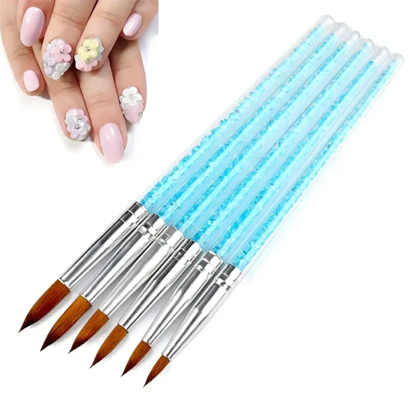 6Pcs/Set Acrylic Drawing Brush for Nails Engraving Dotting Drawing Painting UV Gel Carving Pen Blue Rhinestone Handle Nail Tools