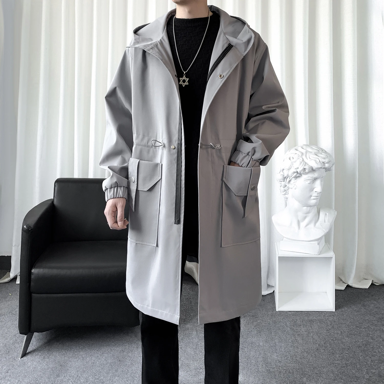 Autumn Solid Hooded Long Windbreaker Loose Oversized Trench Coat Fashionable Jacket Casual Large Pocket Men Clothing Zipper Tops