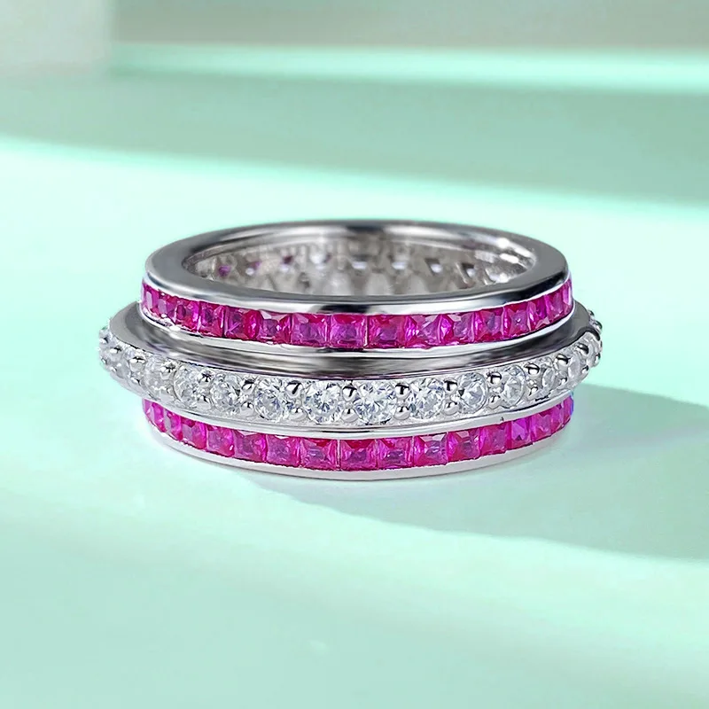 2025 Trend 100% 925 Solid Silver Emerald Ruby Lab Diamond Rotatable Rings for Women Gemstone Wedding Party Fine Jewelry HOT SELL