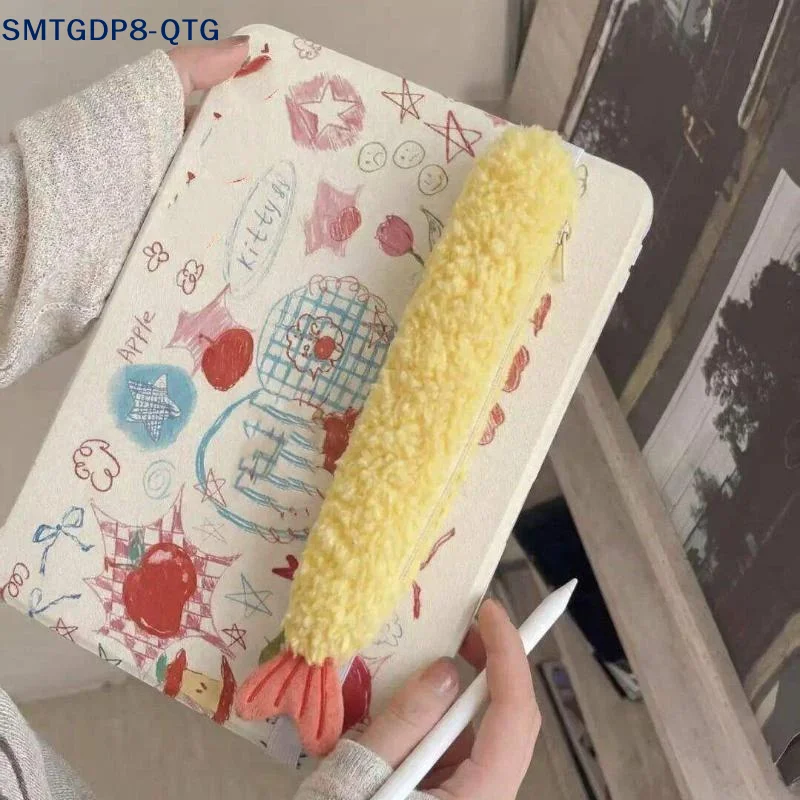 *1Pc Super Cute Fried Shrimp Tail Ribbon Pen Case, Single-layer Portable Stationery Organizer With INS Style Fleece, Student Sch