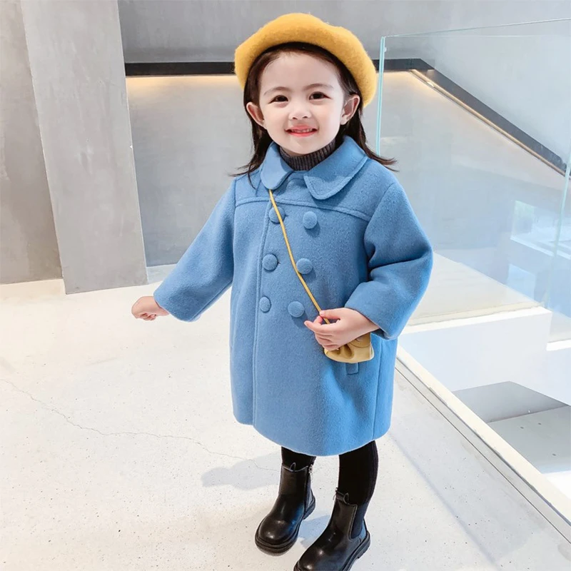 2024 Winter Children Wool & Blends Coat Korean Version Baby Girls Mid-length Style CLIP Cotton Thicken Double Breasted Outerwear