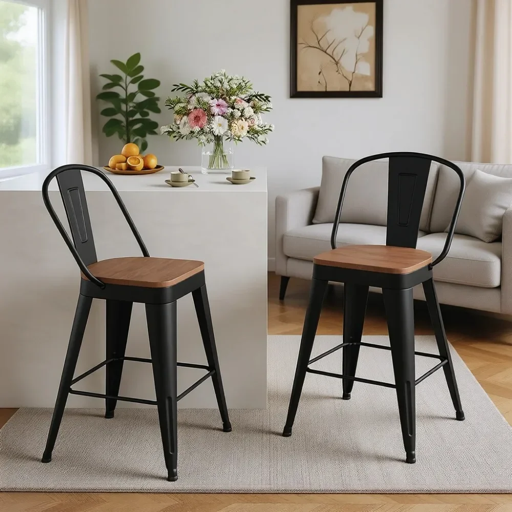 Set of 2 Metal Bar Stools, 24" Counter Height with Backs, Black Frame, Modern Farmhouse Design