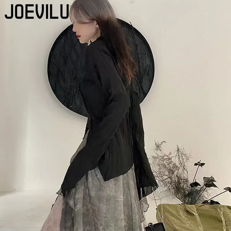 JOEVILU Yamamoto Style Black Shirt Women\'s Extended Sleeves Irregular Blouses Babes Retro Dark Aesthetic Clothes Gothic Y2k Tops