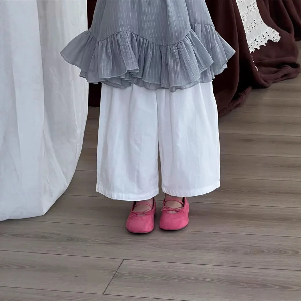 Girls' Summer Casual Pants Baby Children's Personality Trendy Brand Korean Solid Color Loose Nine-point White Wide-leg Pants