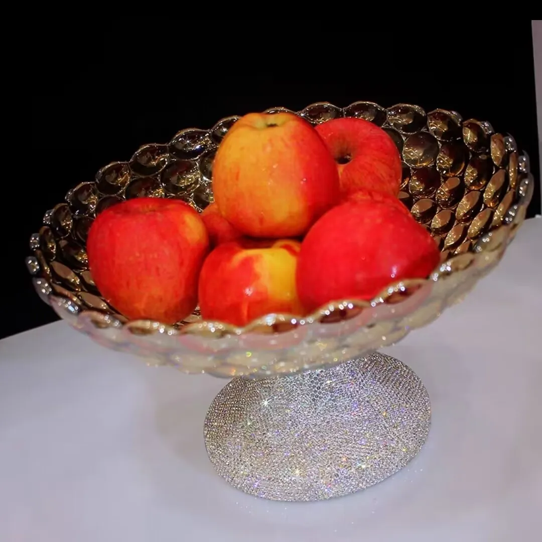 Handmade Crystal Rhinestones Fruit Tray Glass Luxury Large Candy Snack Holder Dessert Tray Coffee Table Decoration