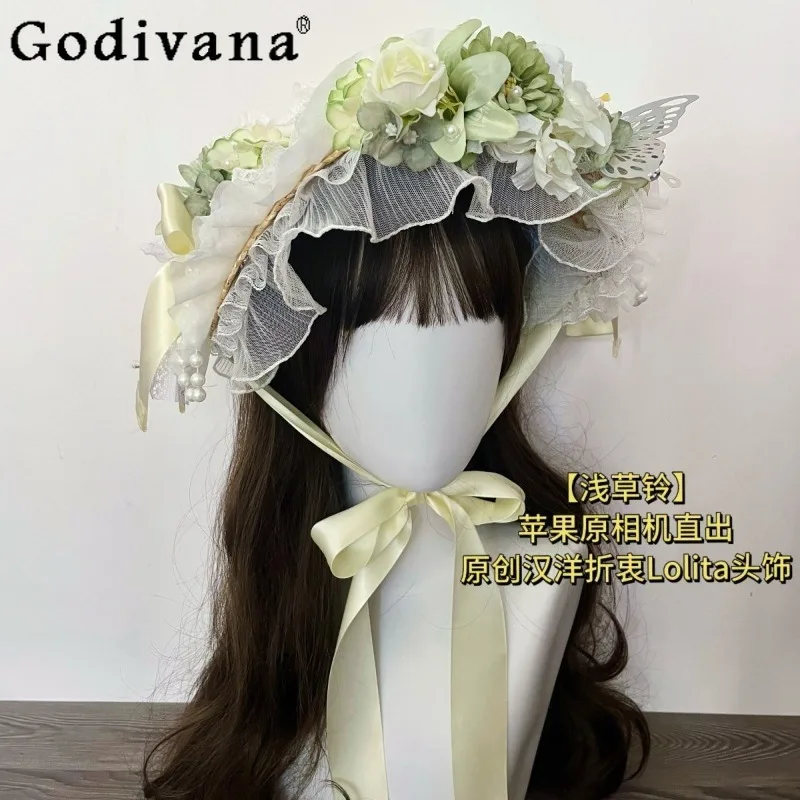 

Green Lolita Lace Princess Hat for Women Original Design Flower Casual Sweet BNT Hat Female Japanese Style Wedding Accessories