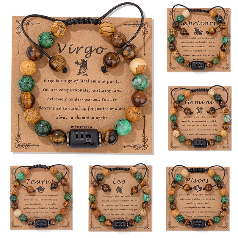 12 Zodiac Signs Natural Stone Bracelets Taurus Cancer Virgo Pisces Bracelets Ladies Men Couples Friendship Jewelry Gift Bracelet