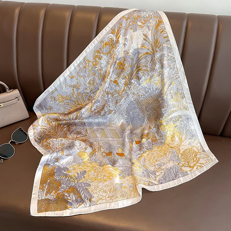 Luxus Seide Gefühl quadratischen Schal Frauen drucken Satin Halstuch Frühling Haarband Foulard Bandana Echarpe Krawatte Schal Wraps