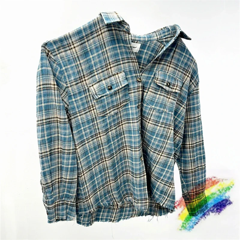 

Blue Flannel Cotton Plaid Hem Tassels Handcrafted Shirt Men Women 1:1 High Quality Oversized Shirts Top